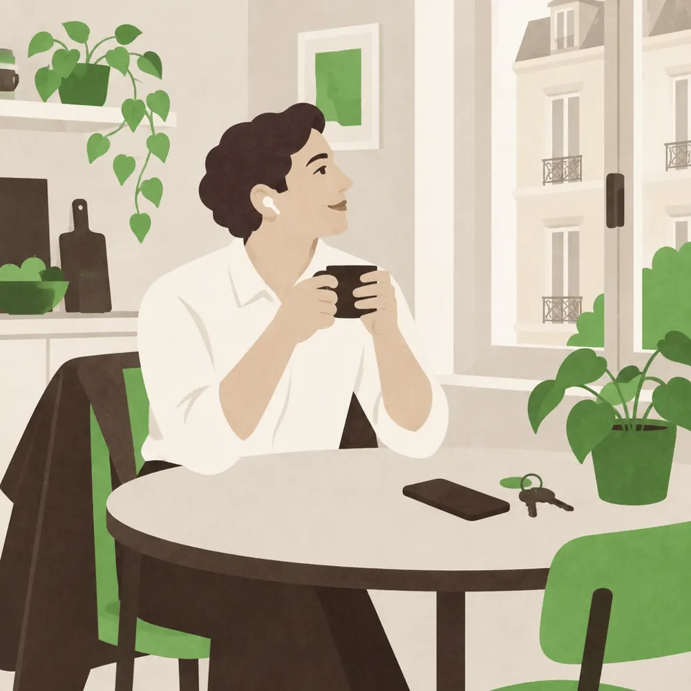 Un homme boit son café avant de partir, des écouteurs aux oreilles, le téléphone posé sur la table.