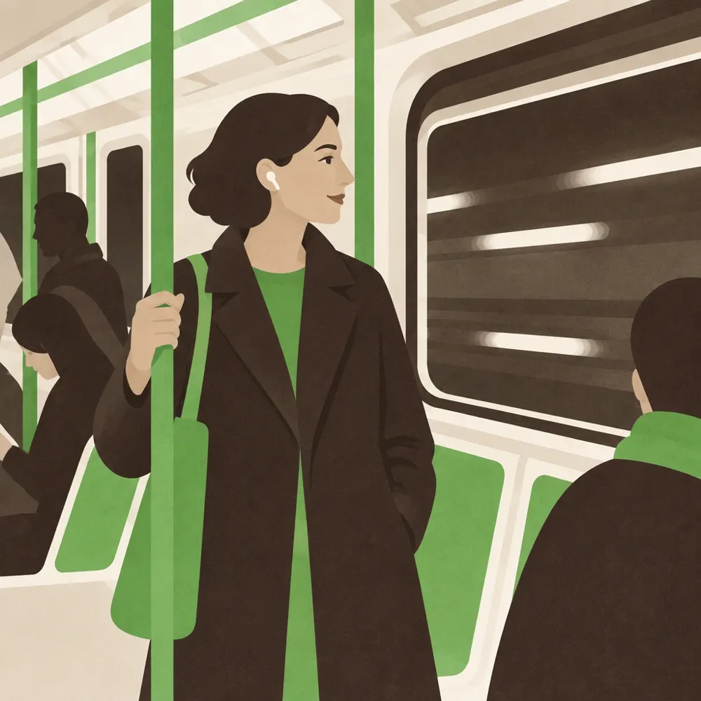 Une femme écoute debout dans le métro, les mains libres.