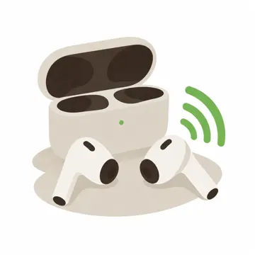 Des écouteurs sans fil devant leur boîtier, des ondes sonores vertes.