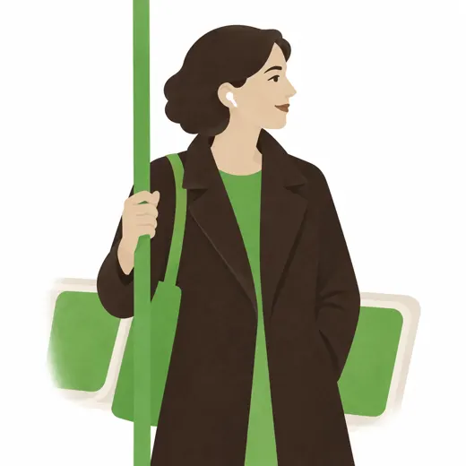 Une femme écoute debout dans le métro, la main sur la barre.